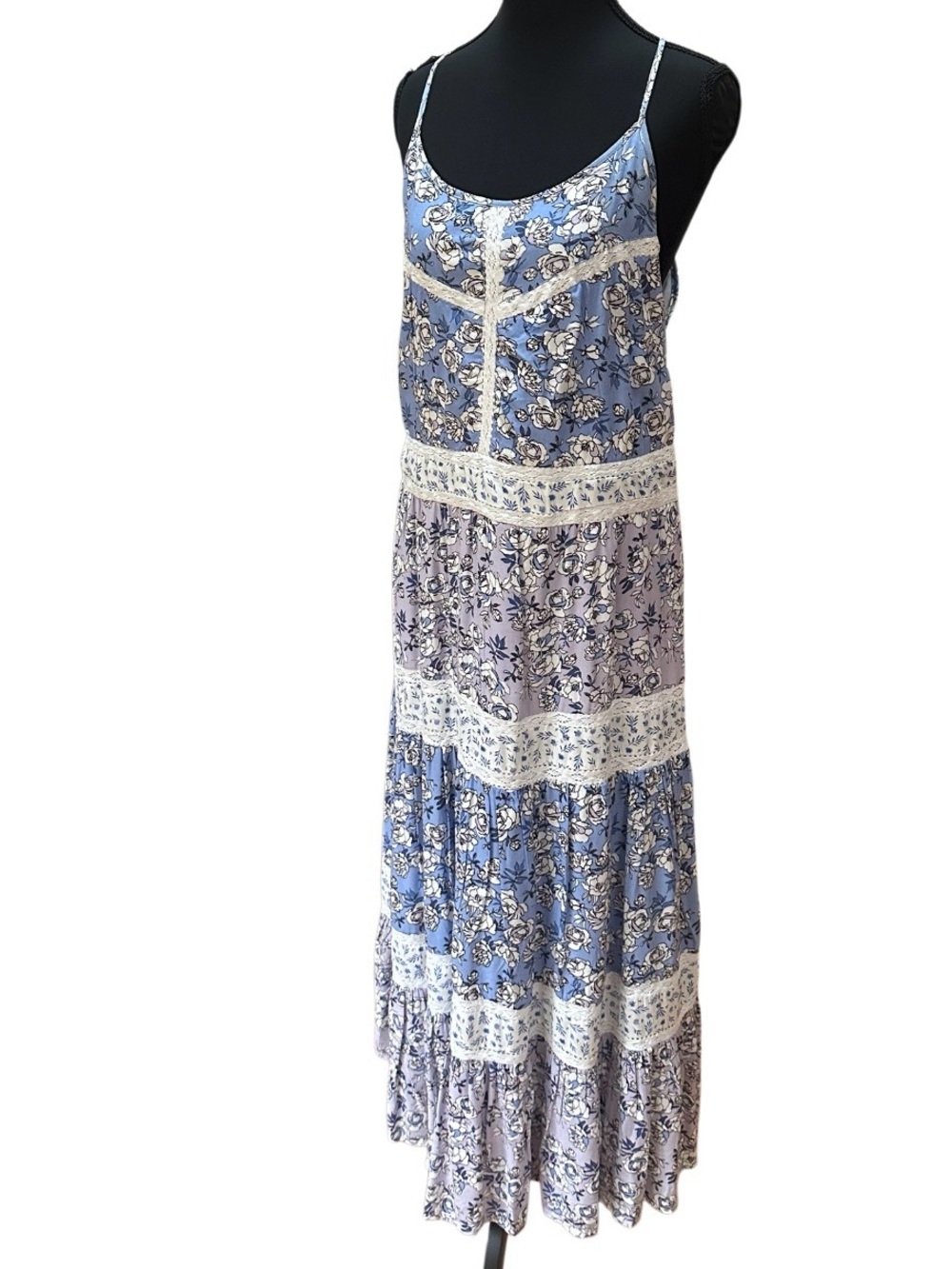 Jessica Simpson Blue Floral Lace-Trim Tiered Maxi Boho Dress XL EUC
